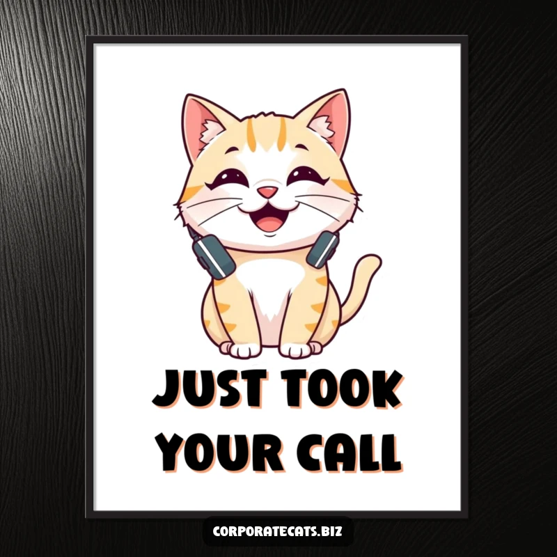 Funny poster of a happy cat wearing a headset and talking, adding a humorous and communicative vibe to any room.