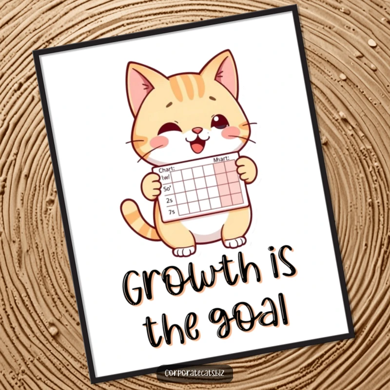 Funny poster art of a cheerful cat character presenting a small chart. Motivational and humorous office wall art.