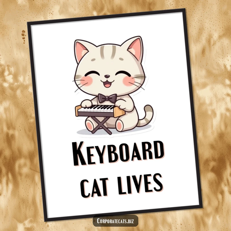 Funny poster of a smiling cat wearing a bowtie, skillfully playing a tiny piano, creating a humorous and artistic wall decoration.