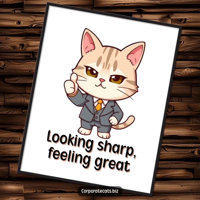 Funny determined cat poster in a tiny suit giving a strong thumbs-up, a humorous piece of motivational art for professional spaces.