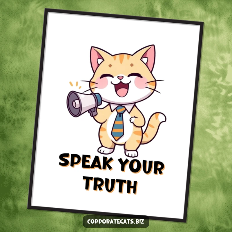 Funny cat poster print of a business cat in a tie, holding a tiny megaphone and cheering with boundless energy and a smile.