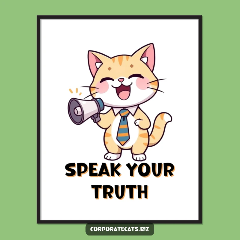 Funny Excited Cat Poster: Cheerful Feline in Tie with Megaphone, Vibrant Funny Gift Decor!