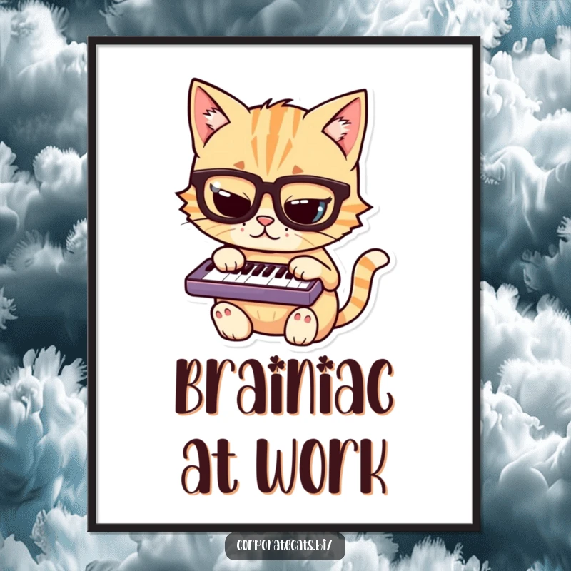 Funny cat poster print of a mischievous cat wearing glasses, focused on playing a miniature keyboard with a quirky expression.