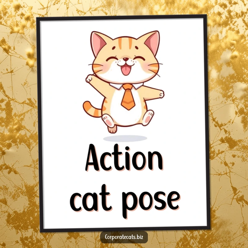 Funny poster art of a playful cat wearing a tie, captured mid-jump, exuding boundless energy and happiness.
