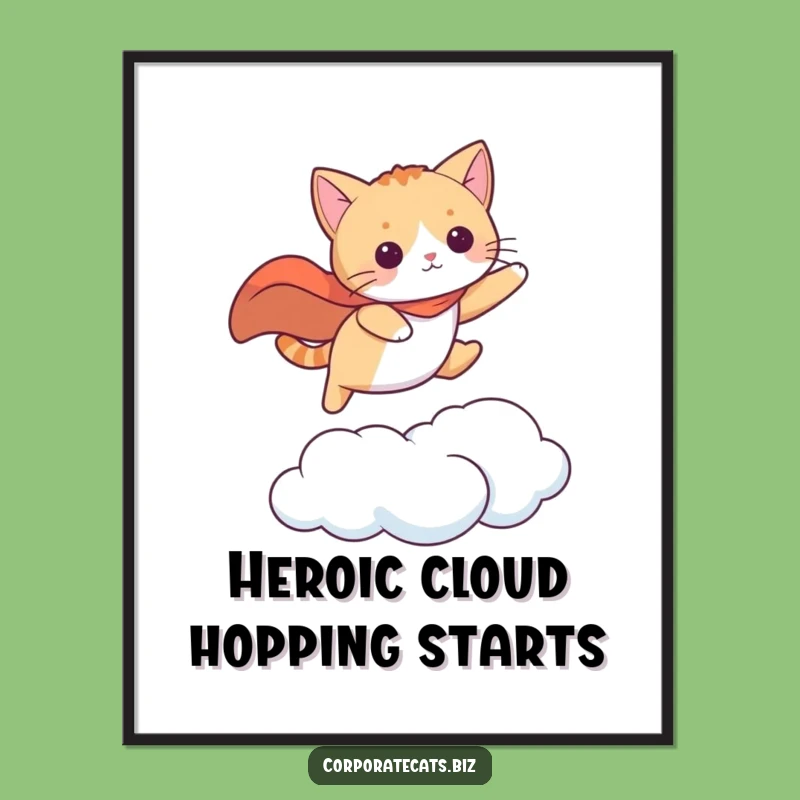 Funny Superhero Cat Poster - Cape Cloud Leaping Wall Art Gift