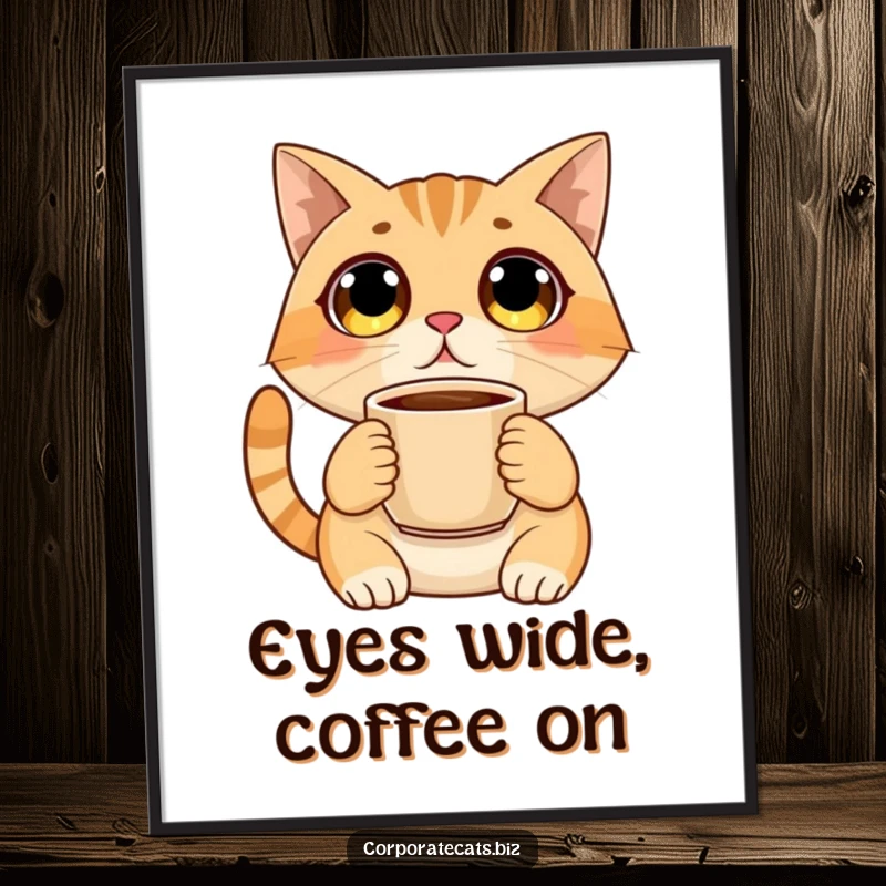 Funny poster of a surprised cat with wide eyes holding a coffee cup, adding a touch of whimsical humor to any room.