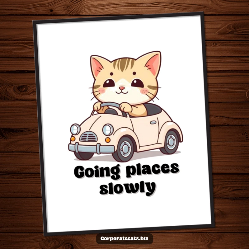 Funny poster art of a cute cat character driving a tiny toy car with a happy expression. Adorable and humorous wall decor.