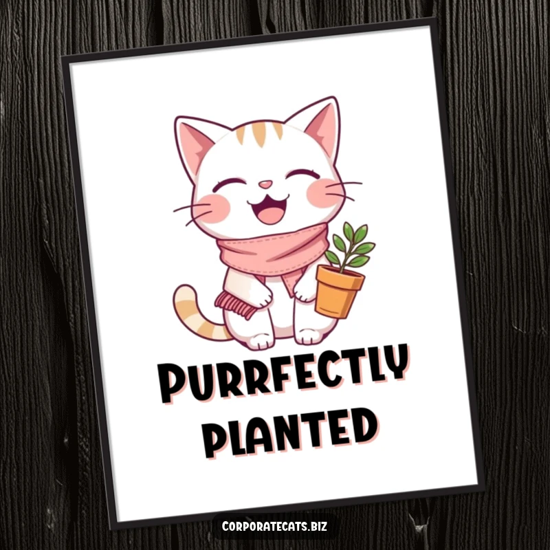 Funny joyful cat poster, wearing a tiny scarf and holding a plant pot, adding cheerful plant-themed art to your walls.