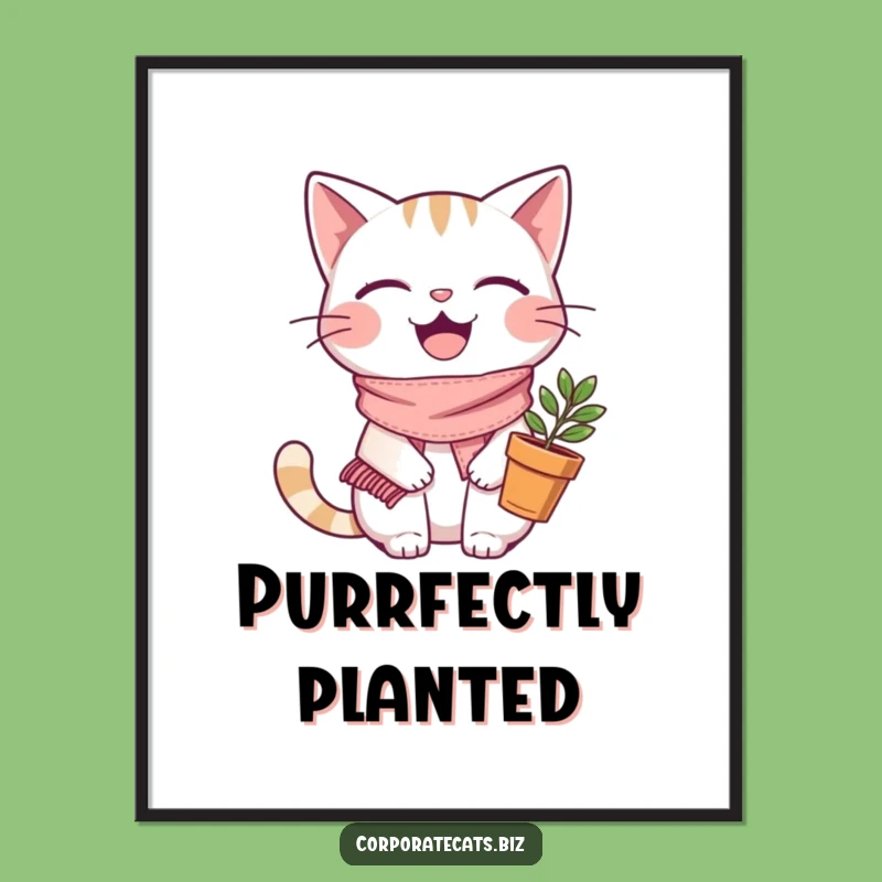 Funny Joyful Cat Poster: Plant Gardener Art, Whimsical Funny Gift Decor