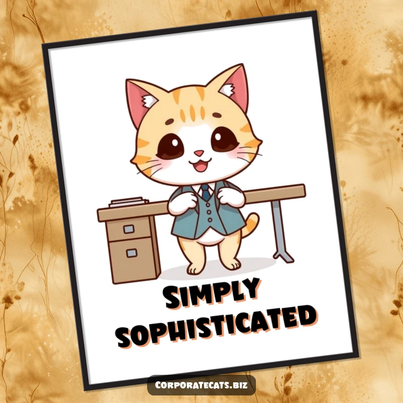 Funny poster artwork of a smiling cat wearing a small suit and crossing legs elegantly, ideal for sophisticated and humorous wall decor.