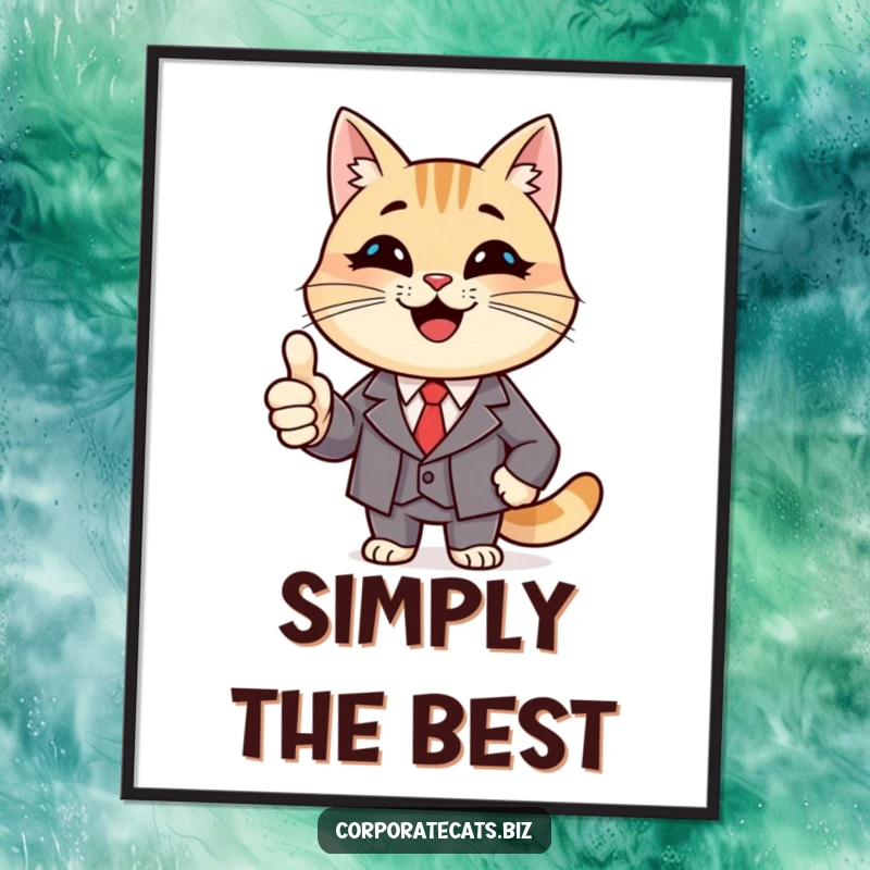 Funny Winner Cat Poster: a smiling cat character wearing a suit and giving a confident thumbs up, motivational art.