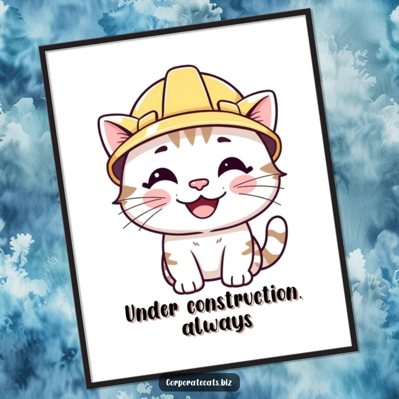 Funny poster art of a smiling cat character wearing a tiny hard hat. Motivational and humorous construction wall art.