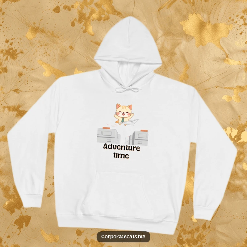 Funny hoodie with a joyful cat wearing a tiny tie, soaring on a paper airplane, perfect for cozy adventures and imaginative play.