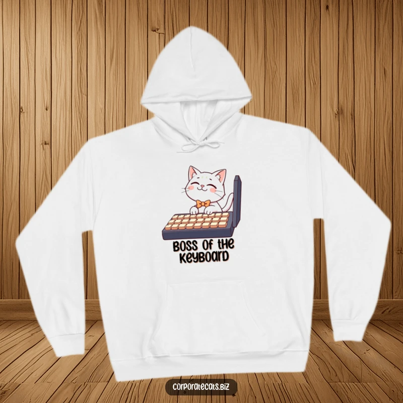 Funny hoodie design, a giggling cat character with a tiny bowtie attempting to type on a giant keyboard, perfect for cozy tech humor.