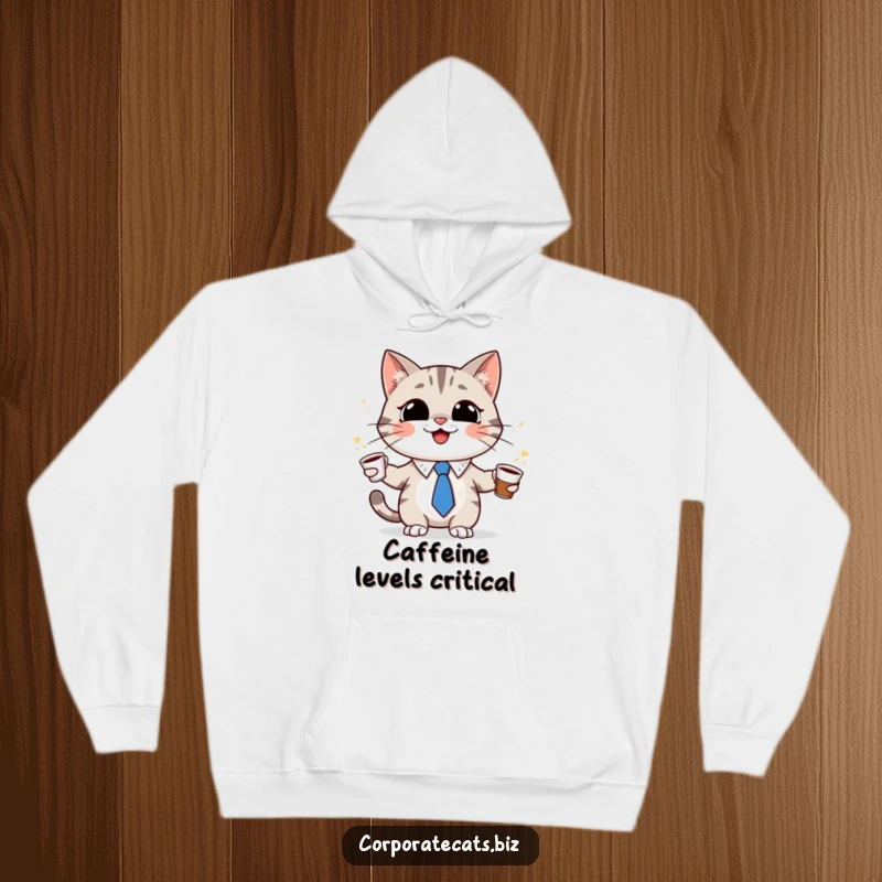 Funny cat character in a tiny tie, grinning and juggling coffee cups on a cozy hoodie, symbolizing coffee humor and multitasking, a fun gift.