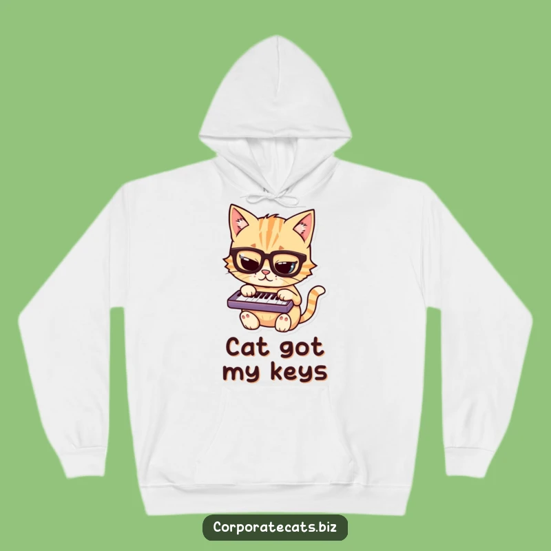 Funny Mischievous Cat Hoodie: Cozy Feline in Glasses Playing Keyboard, Ultimate Funny Gift Wear!