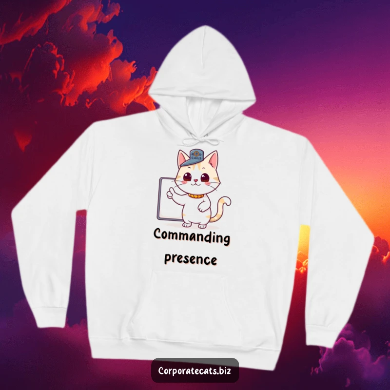 Funny hoodie featuring a proud cat wearing a small boss hat and pointing authoritatively, conveying a sense of playful power and control.