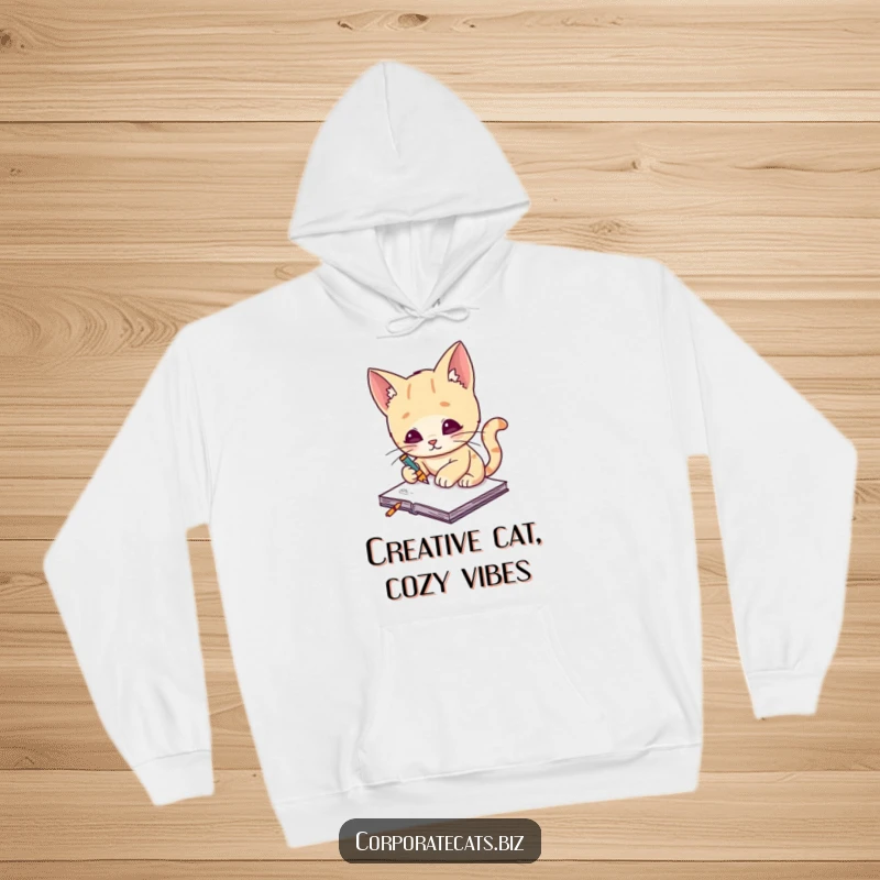 Funny cat artist hoodie, a creative cat artist sits and sketches intently on a tiny notepad, exuding artistic focus.