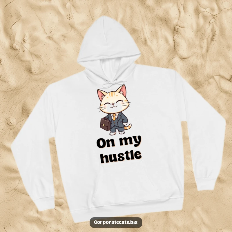 Funny cat hoodie showing a smiling feline in a tiny business suit, confidently holding a briefcase.