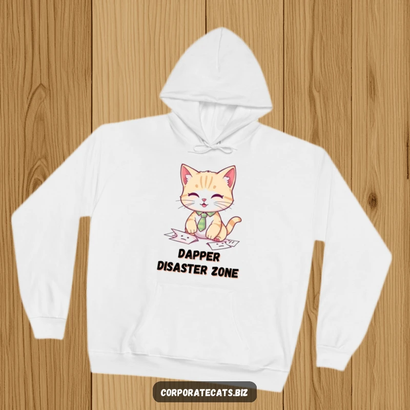 Funny cat hoodie, a cat wearing a small tie looking flustered while dropping papers.