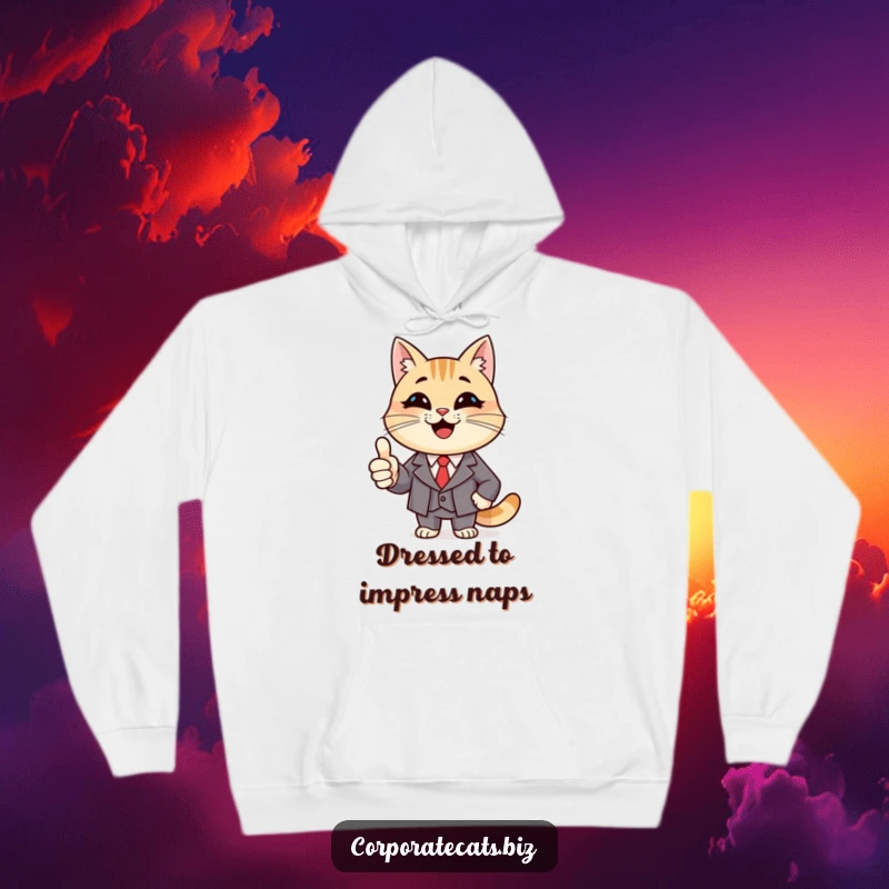 Funny Champion Cat Hoodie: a smiling cat character in a suit giving a thumbs up, comfortable and celebratory.