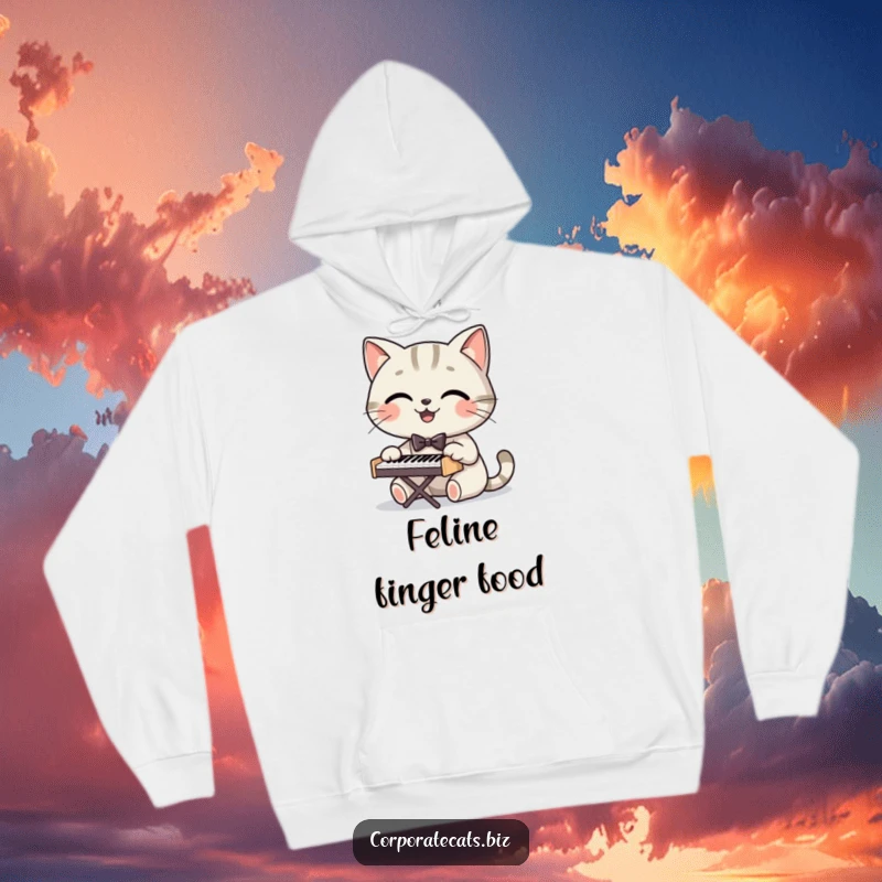 Funny hoodie depicting a smiling cat wearing a bowtie, engrossed in playing a tiny piano with musical notes adding to the charm.