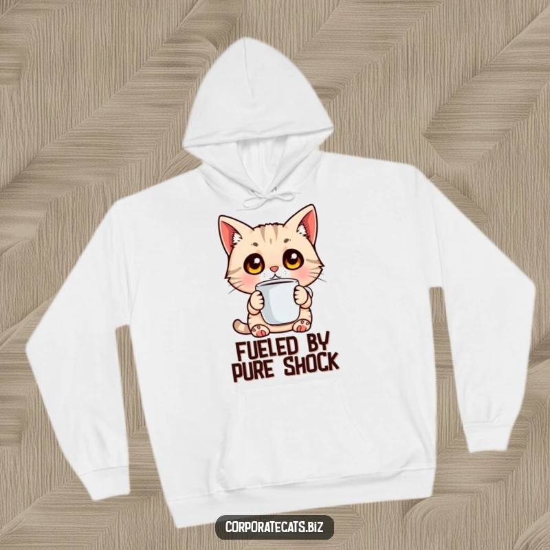 Funny hoodie featuring a surprised cat with wide eyes holding a coffee cup, offering cozy and relatable humor.