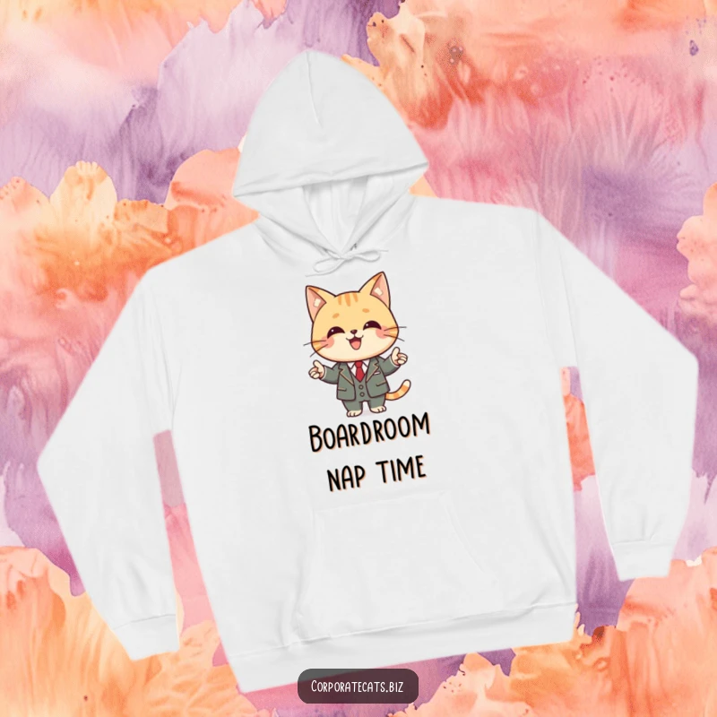 Funny cat hoodie depicting a joyful cat in a business suit, actively giving a presentation with enthusiasm.