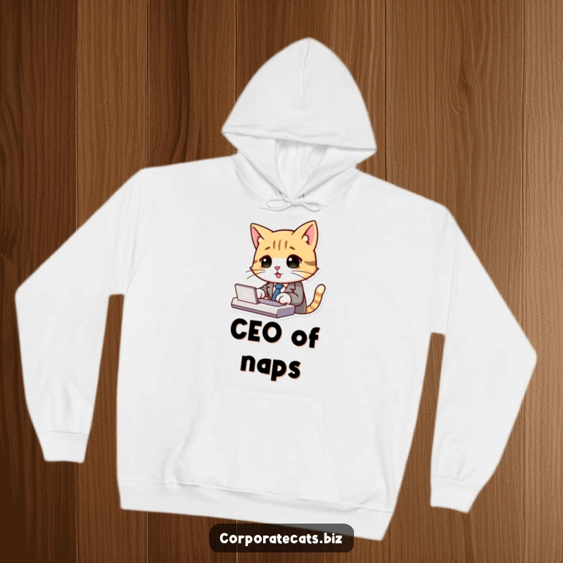 Funny cat wearing a suit and tie, typing on a keyboard, printed on a soft and warm hoodie.