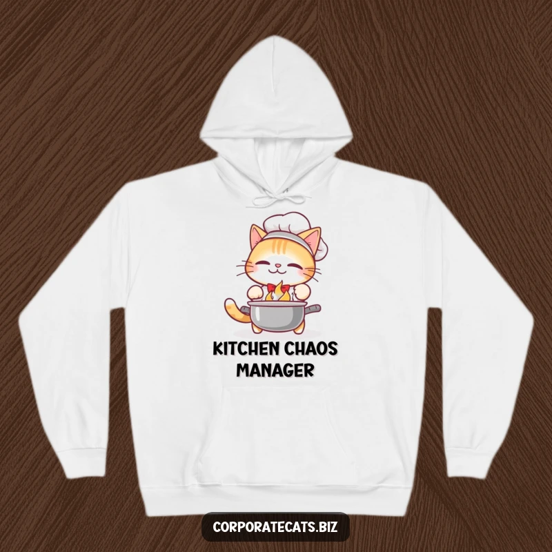 Funny Hoodie: An embarrassed cat chef drops a pot, with food spilling out, looking sheepish.