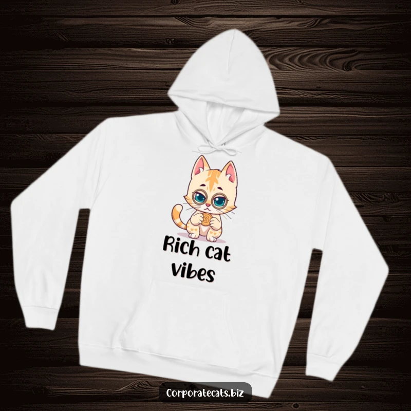 Funny hoodie featuring a mischievous cat with a monocle peering closely at a coin, ideal for cozy investigation sessions.