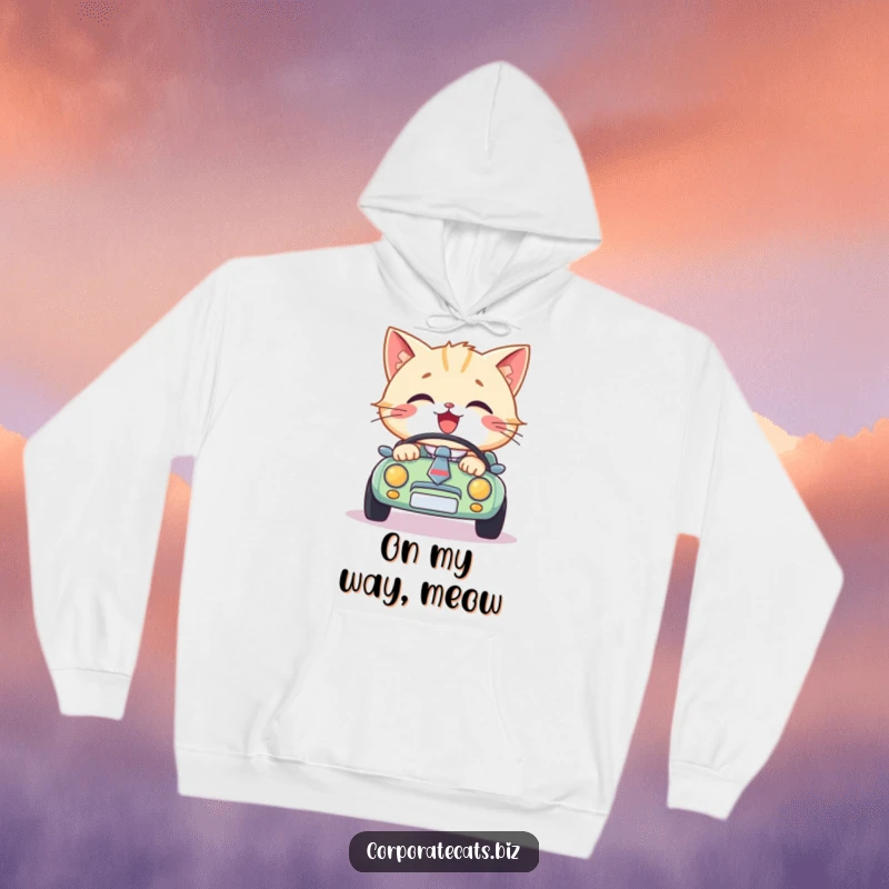 Funny cat in a necktie, driving a small car, this cozy hoodie brings automotive humor and feline charm, a great funny gift.