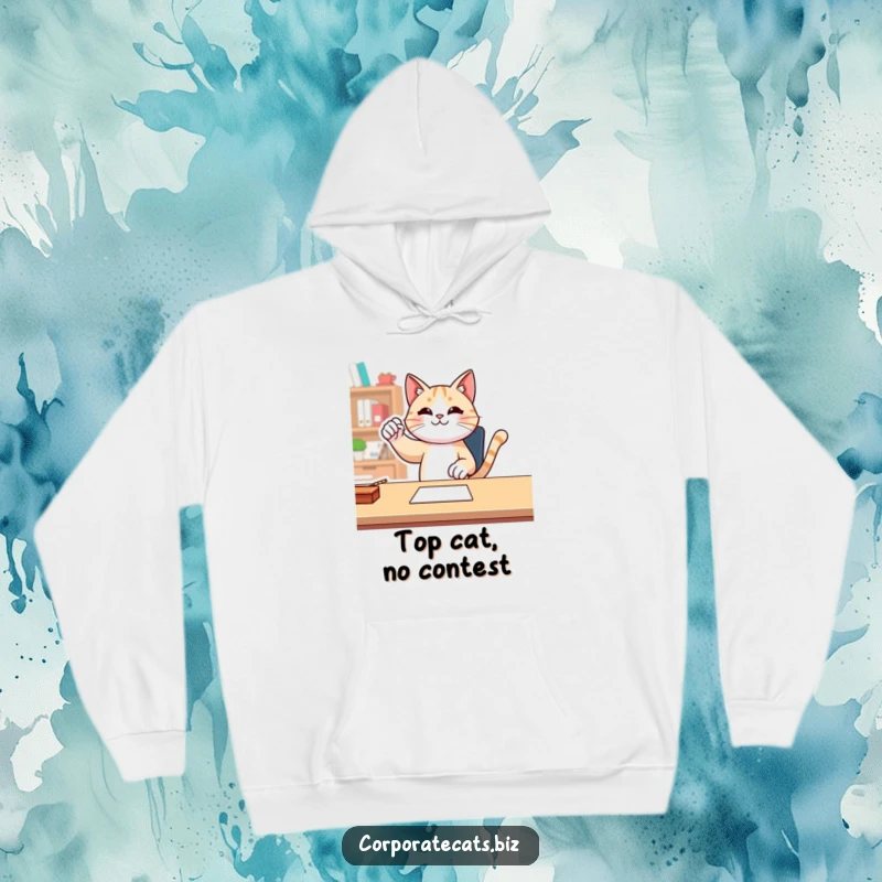 Cozy hoodie with a funny cat performing a triumphant fist pump at a desk, symbolizing achievement.