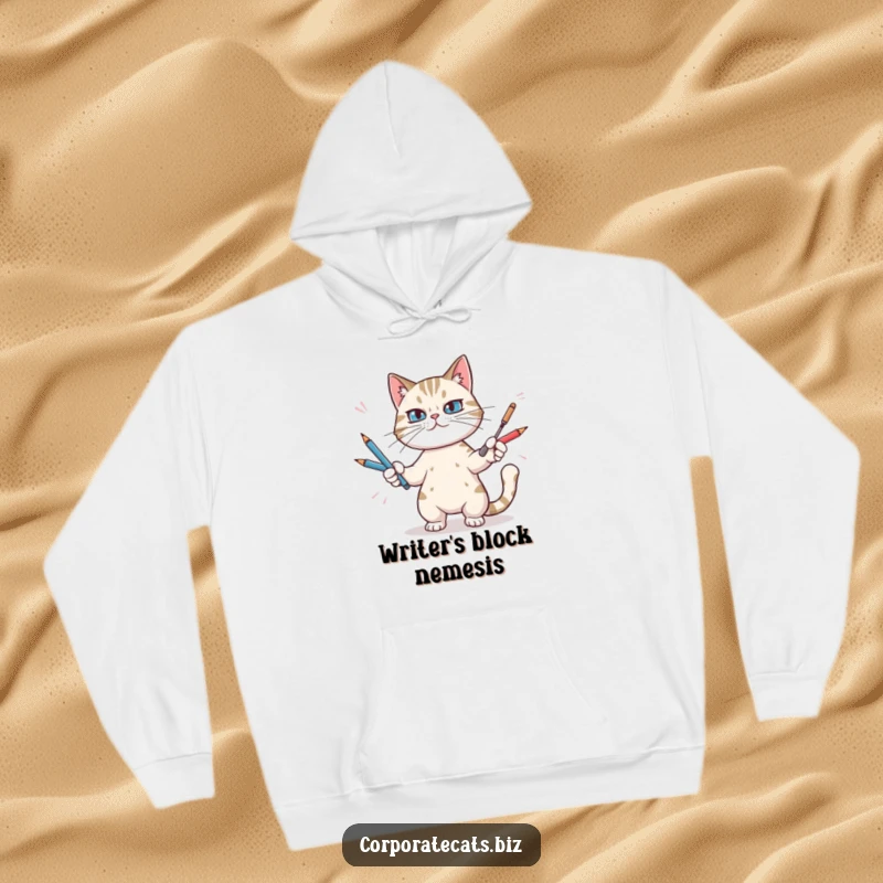 Funny hoodie with a determined cat in the act of juggling numerous pens, embodying office stress with humor.