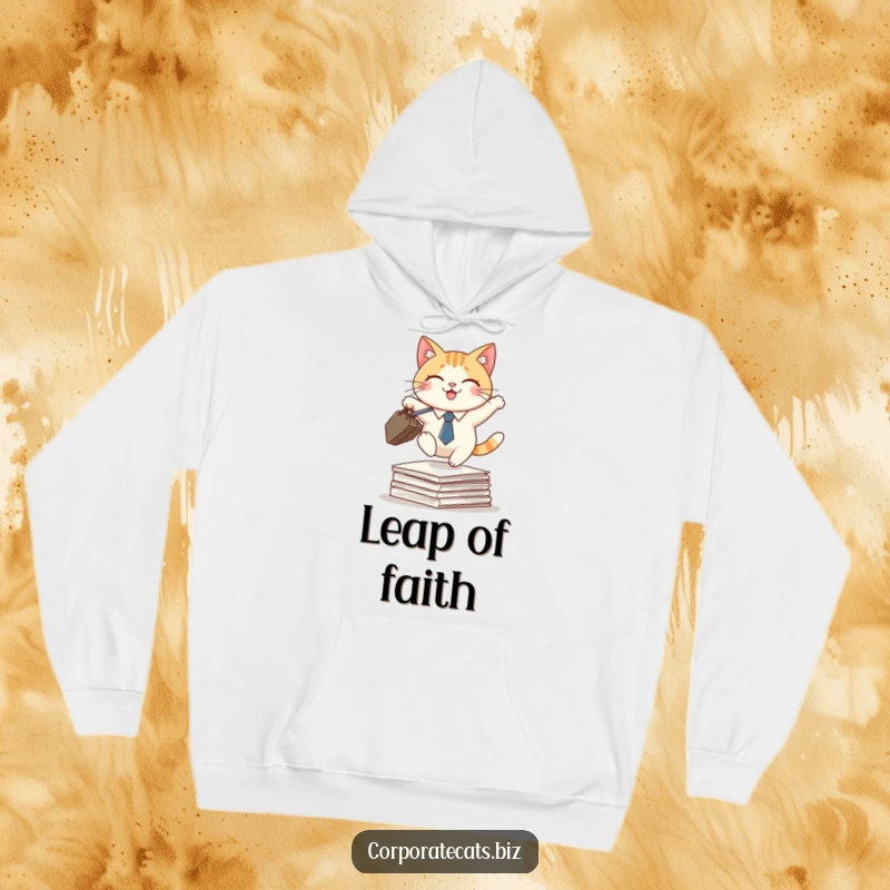 Funny hoodie depicting a smiling cat wearing a tie, holding a briefcase, and leaping over papers, offering cozy humor.