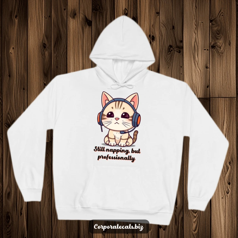 Funny cat wearing a headset, deep in concentration during a video call, printed on a cozy hoodie, a great funny gift.