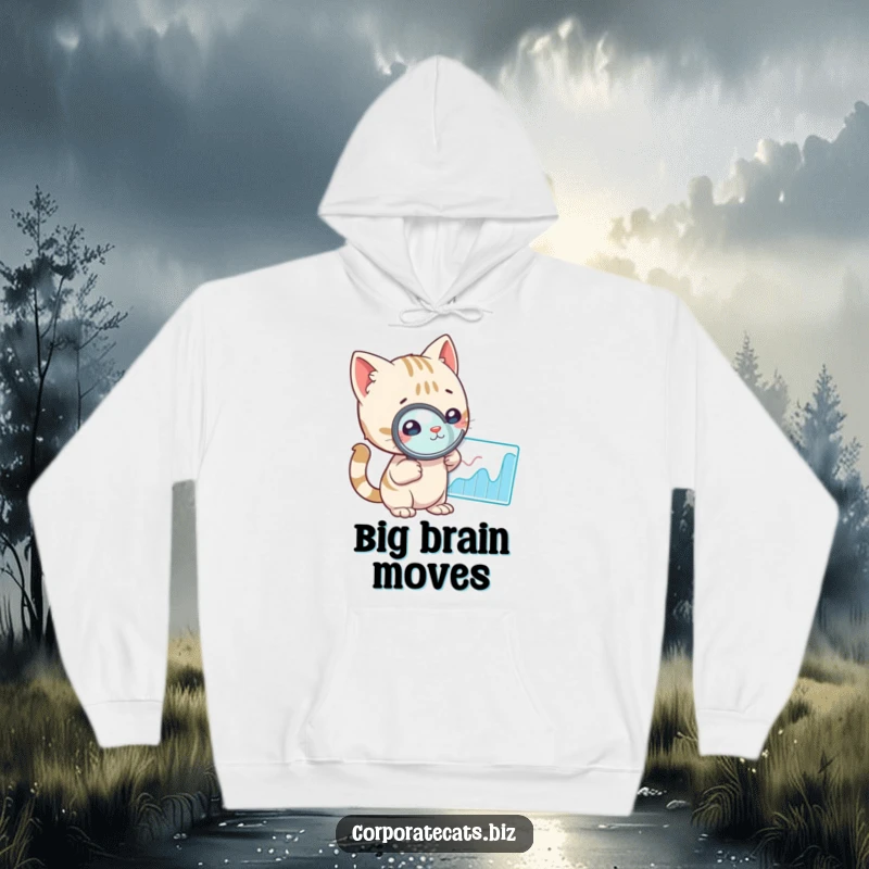 Funny cat with a magnifying glass peering closely at a graph, suggesting a deep dive into a humorous mystery on a comfy hoodie.