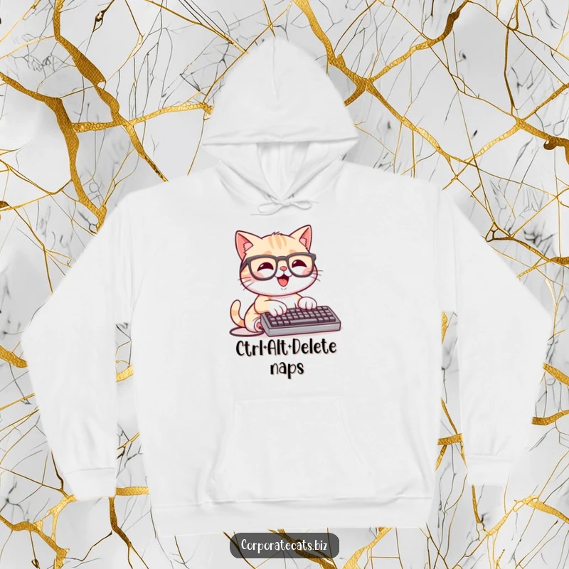 Funny Gamer Cat Hoodie: a happy cat character with glasses typing on a tiny keyboard, ready for gaming or coding.