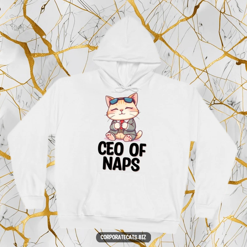 Funny hoodie featuring a napping cat in a business suit, embodying cozy comfort and humorous office downtime.