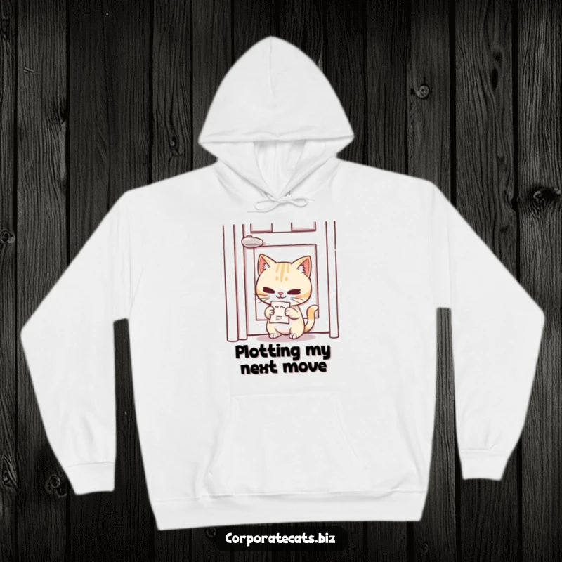 Funny Secret Agent Cat Hoodie: a mischievous cat character slipping a tiny memo under a door, cozy and sly.