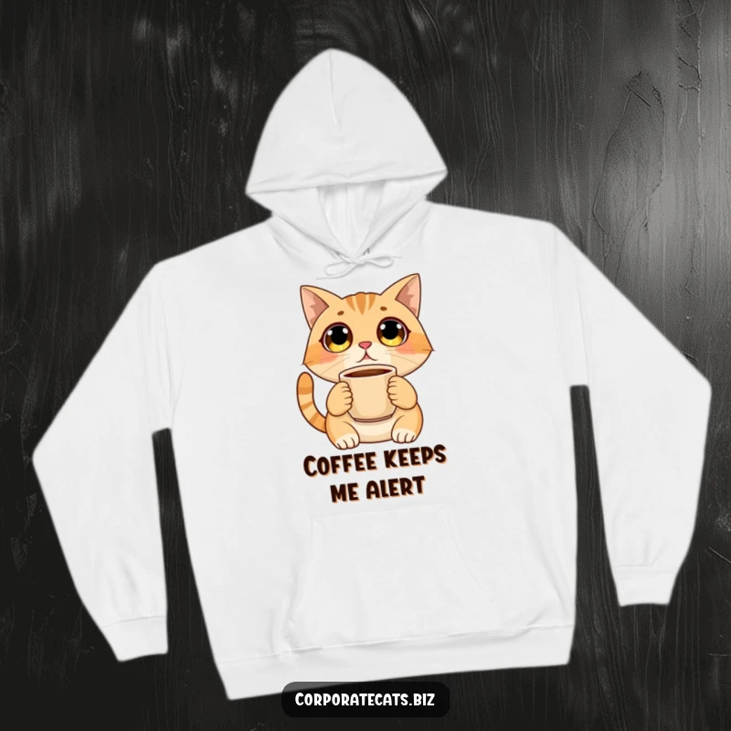 Funny hoodie showcasing a wide-eyed, shocked cat clutching a coffee cup, perfect for cold days and morning surprise enthusiasts.