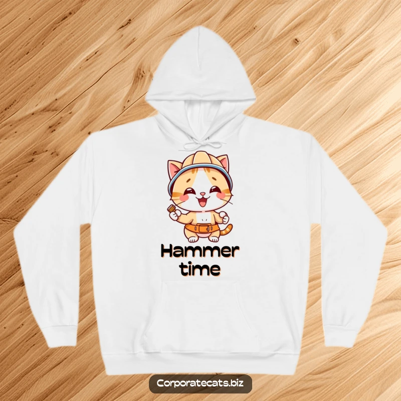 Funny cat fully geared in a hard hat, wielding a hammer with intense focus, embodying hilarious construction site energy.