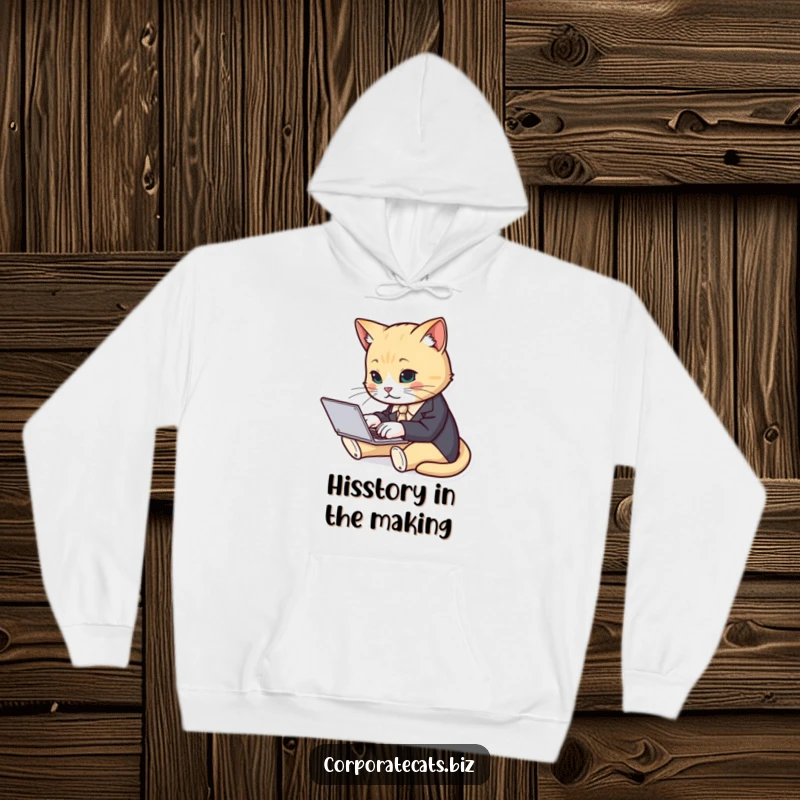 Cozy hoodie with a funny cat in a suit typing diligently on a laptop, embodying focused work.