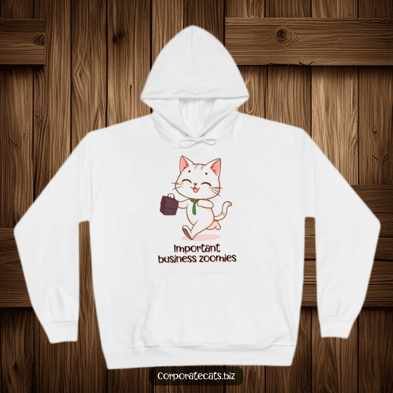 Playful cat holding a briefcase, running with a smile, printed on a soft and warm hoodie.