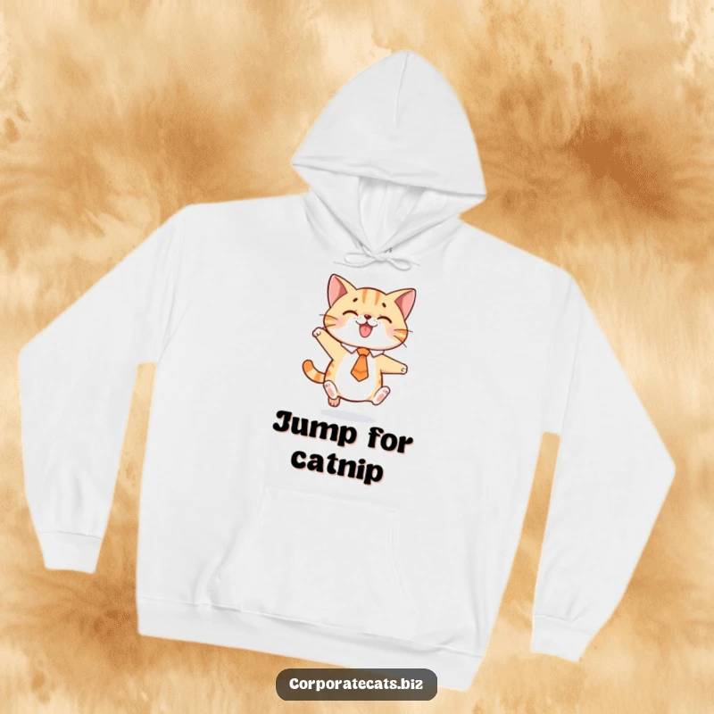 Funny hoodie depicting a happy cat wearing a tie, caught in a delightful jump, perfect for active enjoyment.