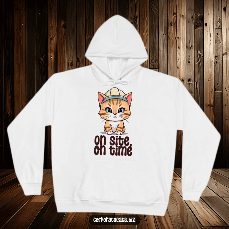 Funny hoodie featuring a serious cat wearing a hard hat, ready for any construction project or cold weather fun.