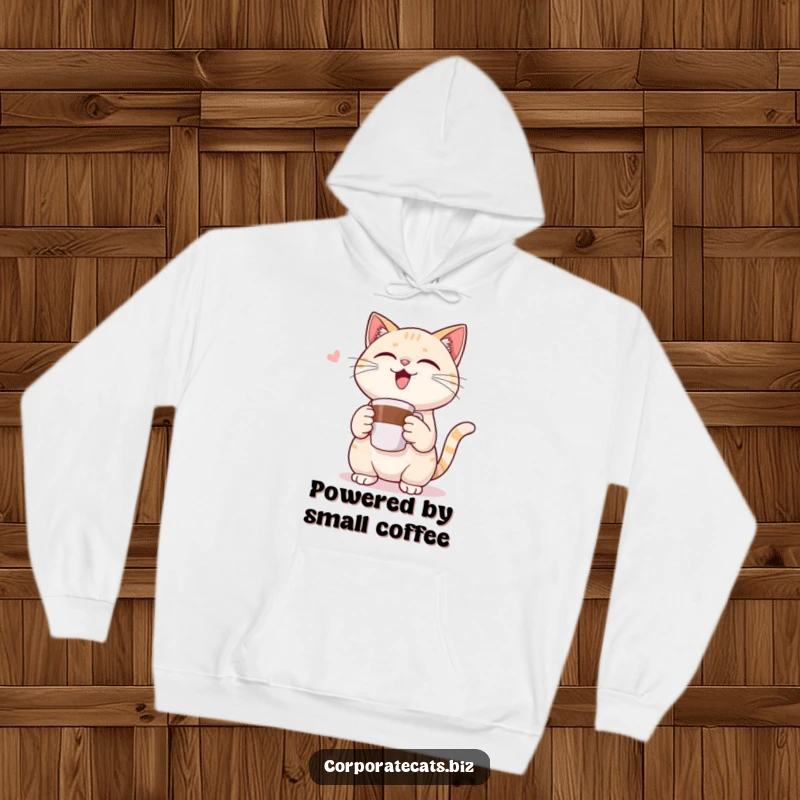 Funny hoodie featuring a cat character triumphantly holding a tiny coffee cup, exuding morning joy and warmth.