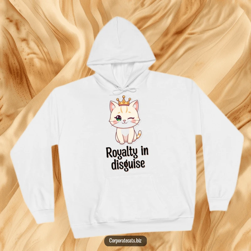 Funny winking cat hoodie, wearing a regal crown and looking sophisticated, a cozy statement piece for cat lovers.