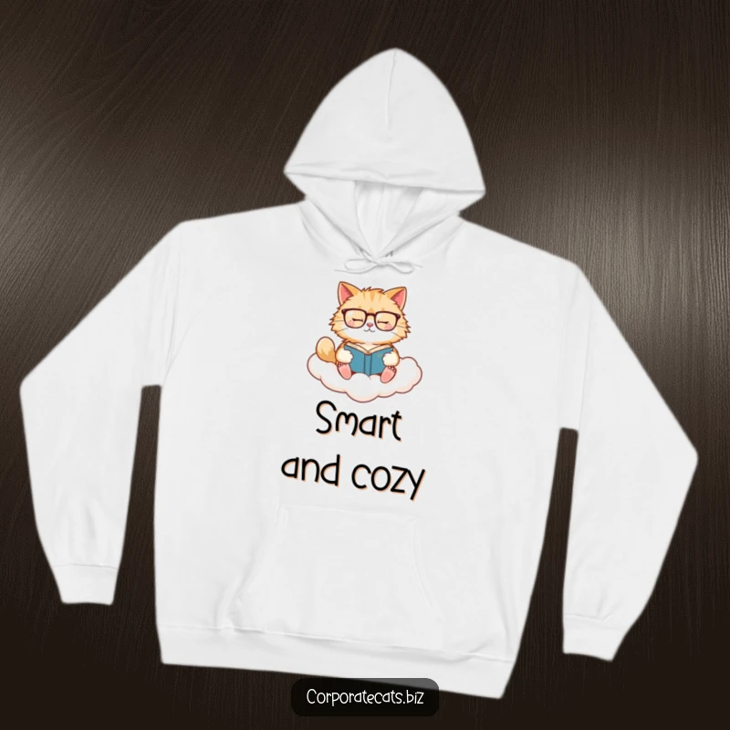 Funny Cat Cloud Hoodie: A fluffy cat with glasses reads a book on a cloud, offering cozy, imaginative comfort.