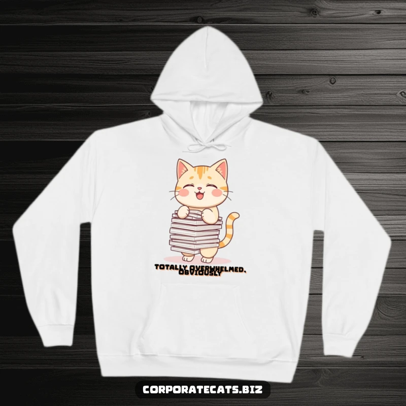 Funny hoodie showcasing a determined cat struggling to keep a large pile of papers from toppling over.